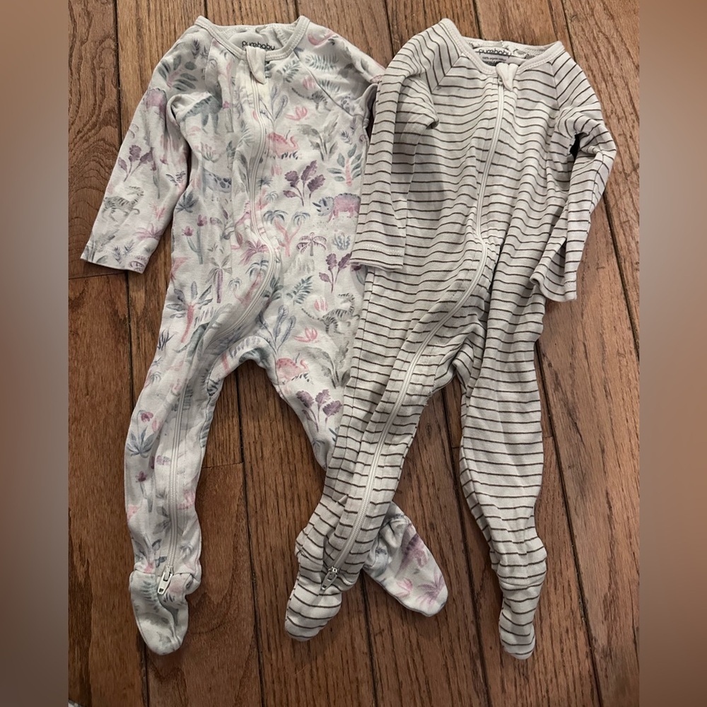 Purebaby Pastel Floral and Gray Striped Footies